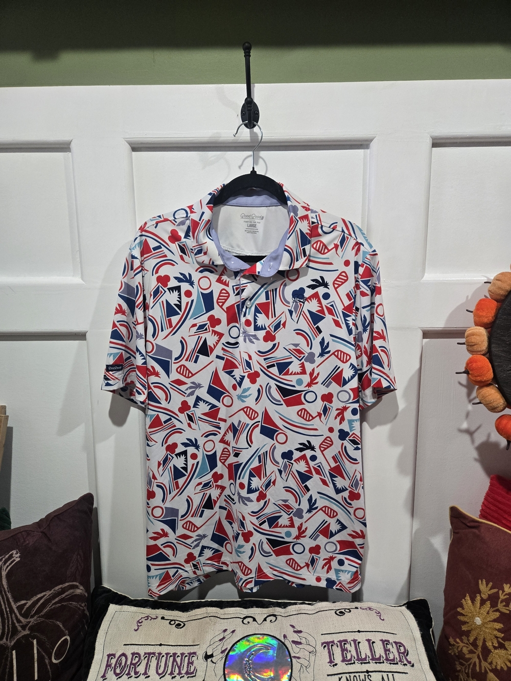 Men's Abstract Geo Polo Shirt in White with Red & Navy